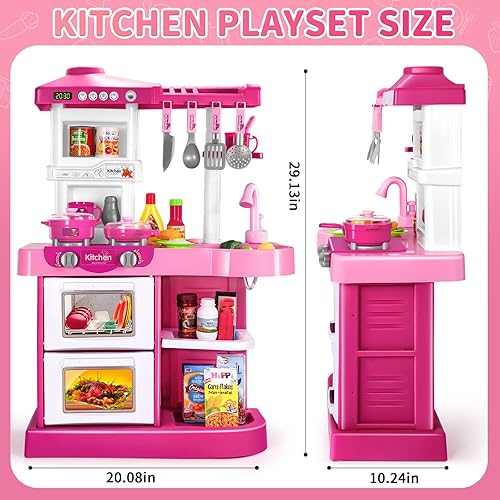 Miniatura 6 de Juego de 53 piezas de comida de simulación de cocina para niños de 3 a 6 años, 4 a 8 años, juguetes de cocina rosa con luz, sonido y pulverización,
