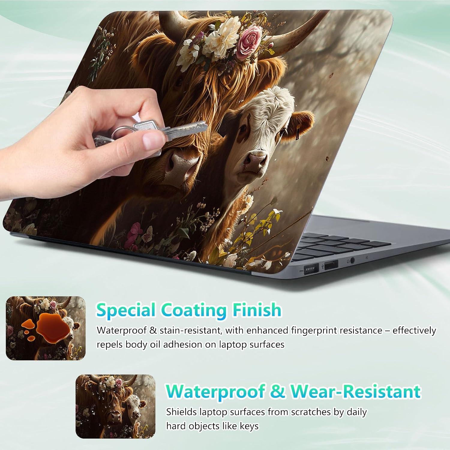 Laptop Skin Sticker Decal 12"-15.6" Universal Laptop/Notebook/Netbook Vinyl - Waterproof Scratch Resistant,Fits HP Dell Lenovo MacBook,2 Free Wrist Pads,Easy Apply & Remove,Highland Cow Autumn