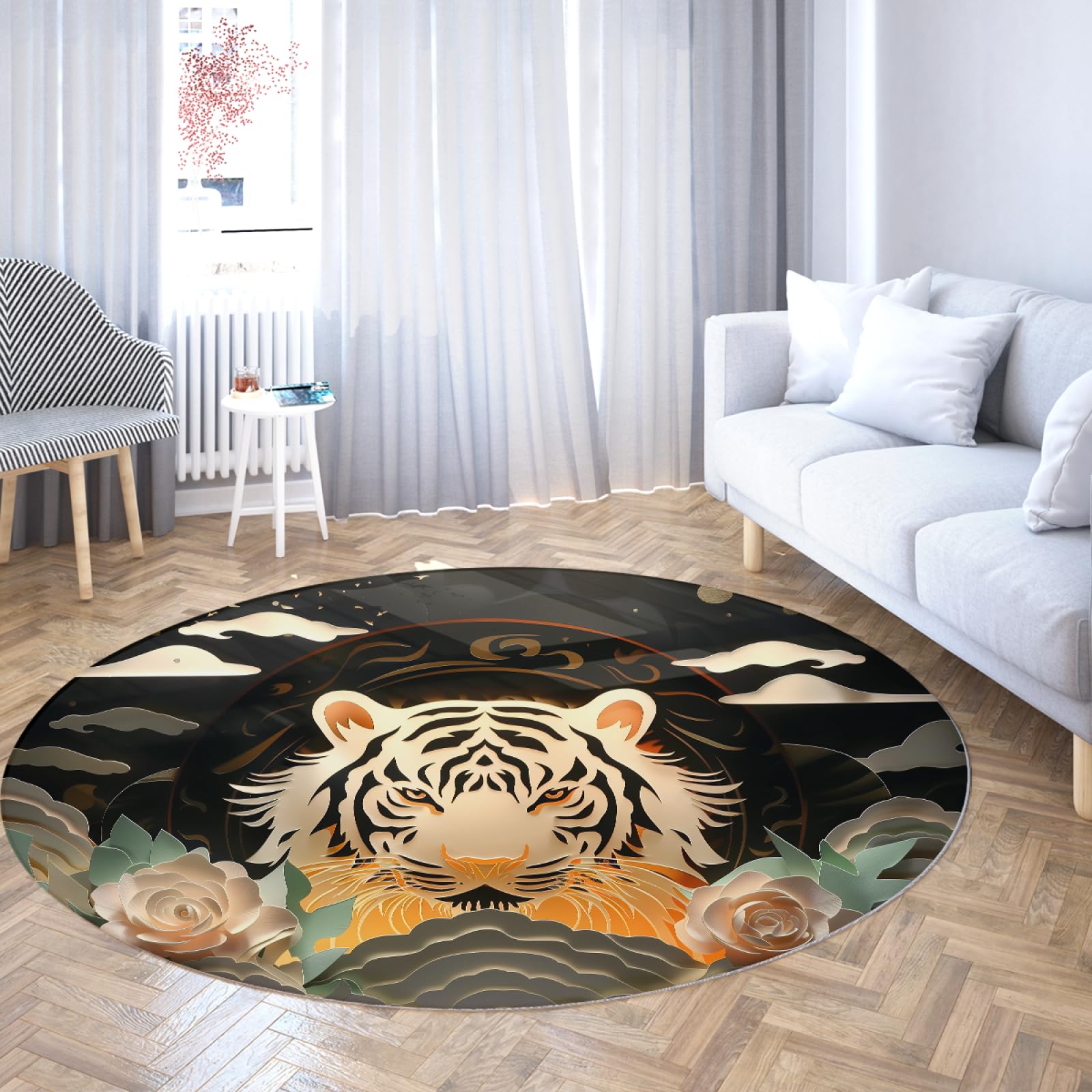 Tapis rond tigre style chinois lavable pour sols glissants