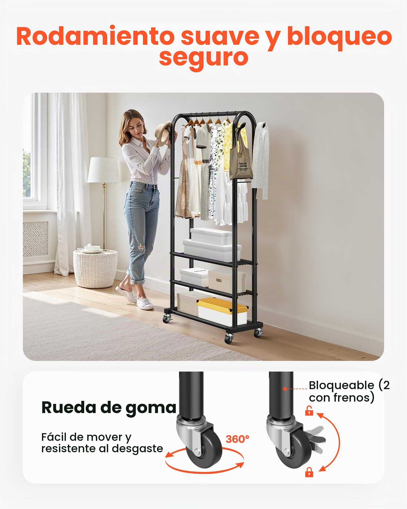 VEVOR Perchero Burro para Ropa con 3 Estantes y Ganchos Laterales, Barra para Colgar, Burro de Ropa con Ruedas, Carga de 45 kg de Acero al Carbono, para Dormitorio, Lavandería, Sala de Estar