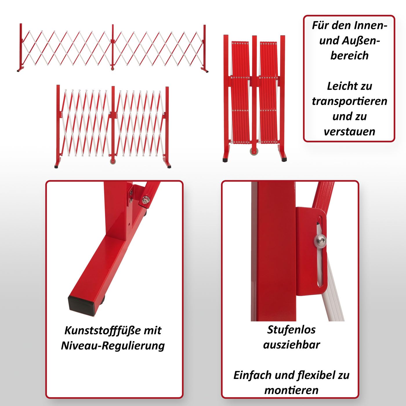 Mendler Alu Absperrgitter HWC-B34 ausziehbar 103x53-411cm - rot-weiß | Zaun, Schutzgitter, Scherengitter, Trenngitter