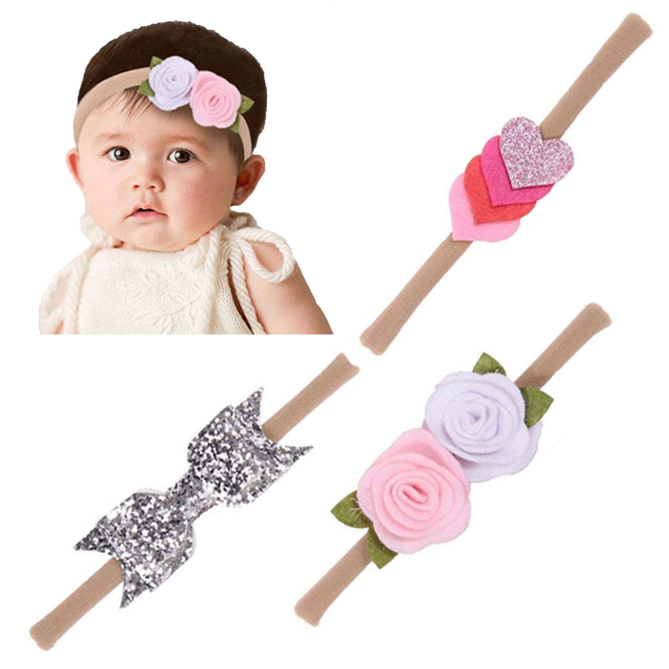 Babymoon Headbands Flowers Soft Synthetic Hairbands for Baby Girls, Infants and Toddlers, Pack of 3 - Multicolor-image-18