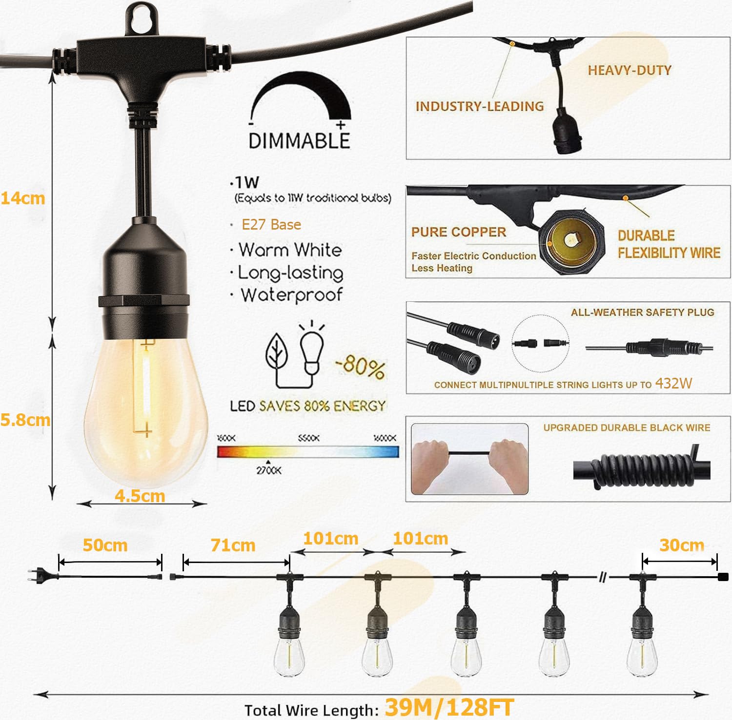Svater Lichterkette Außen LED, 38m S14 Vintage-Stil, Wasserdicht IP65, mit 1W 80lm LED Glühbirne Austauschbare, Splitterfrei Bruchsichere, E27 Sockel, LichterketteAußen Innen Klassisch Warmweiß
