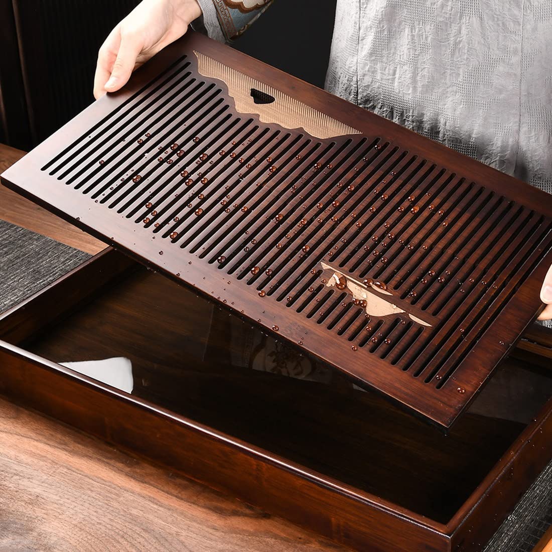 Tee-Tablett Wasserspeichertyp Bambus Japanischen/chinesischen Gongfu Tee Tisch,Teetisch Aus Bambus Für Chinesische Teezeremonie Langlebig Und Verfeinert (Size : 38x23x5.5cm)