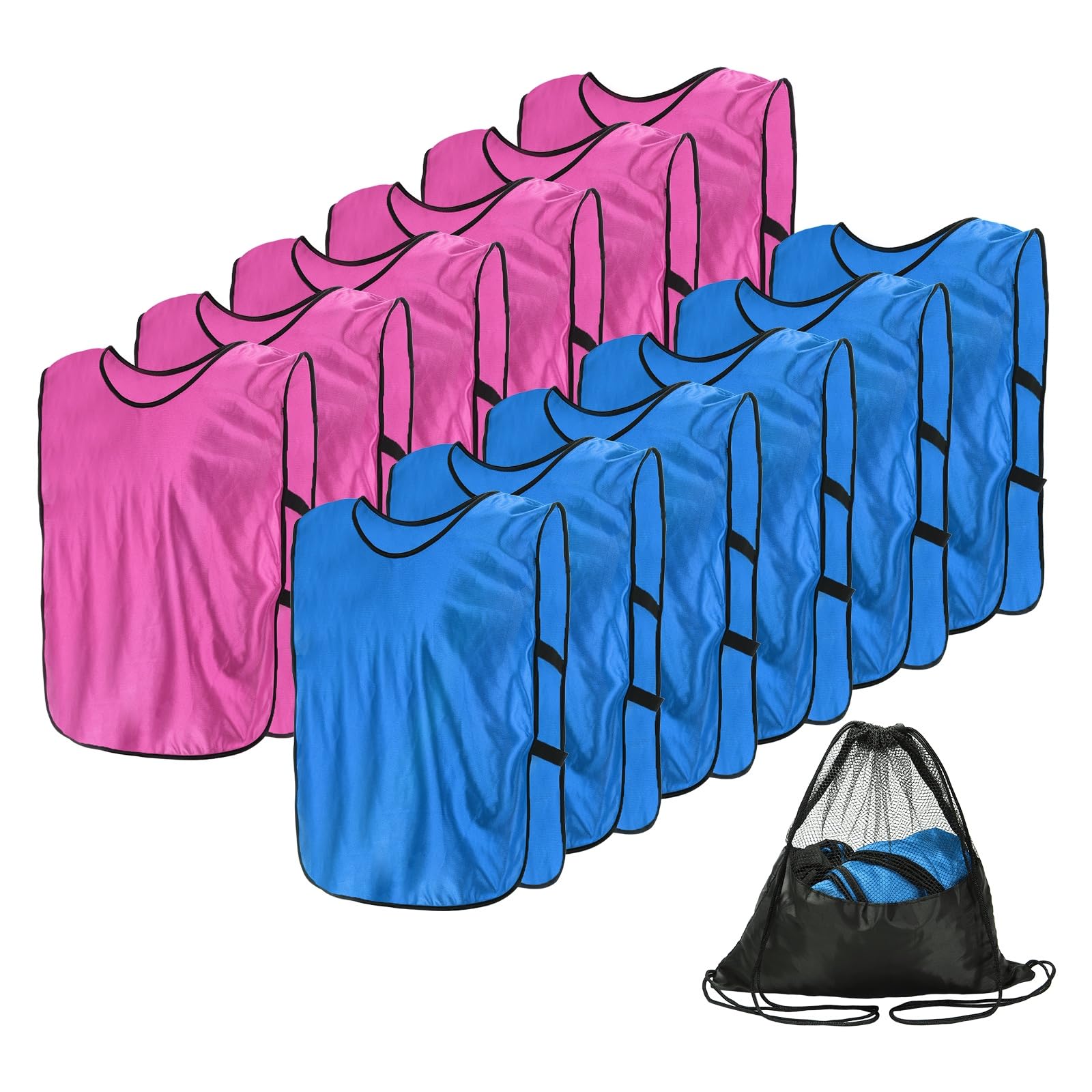 YELARXI Soccer Pennies, Team Sport Practice Jersey, Soccer Pinnies Scrimmage Vest with Elastic Bands Drawstring Bag 17.7"x11" & 12 Pcs & Dark Blue/Rose Red -Fitting for (Adult/Basketball)