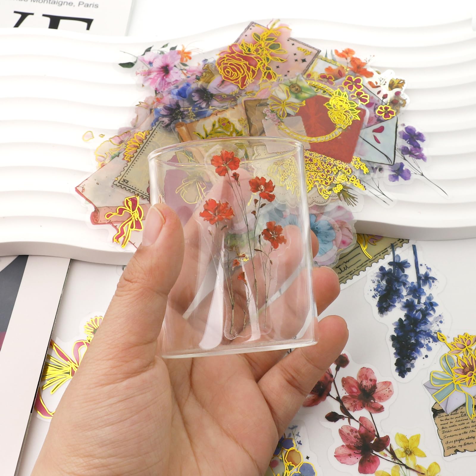 100 przezroczystych naklejek do scrapbookingu, naklejki kwiatowe, PET i rośliny, samoprzylepne, wodoodporne, do scrapbookingu, albumu fotograficznego, dziennika, etui na telefon komórkowy