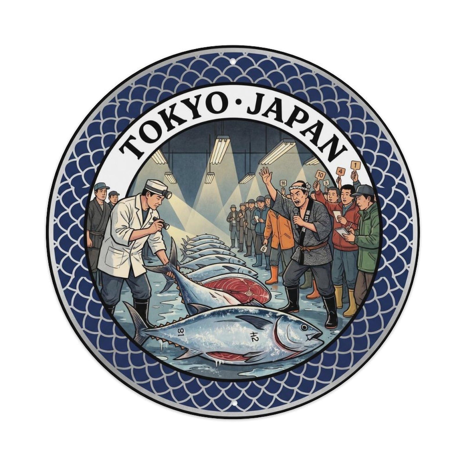 Olyhtr 8X8inch Classic Style Tokyo Tsukiji Tuna Auction Market Japanese Cuisine Metal Tin Sign