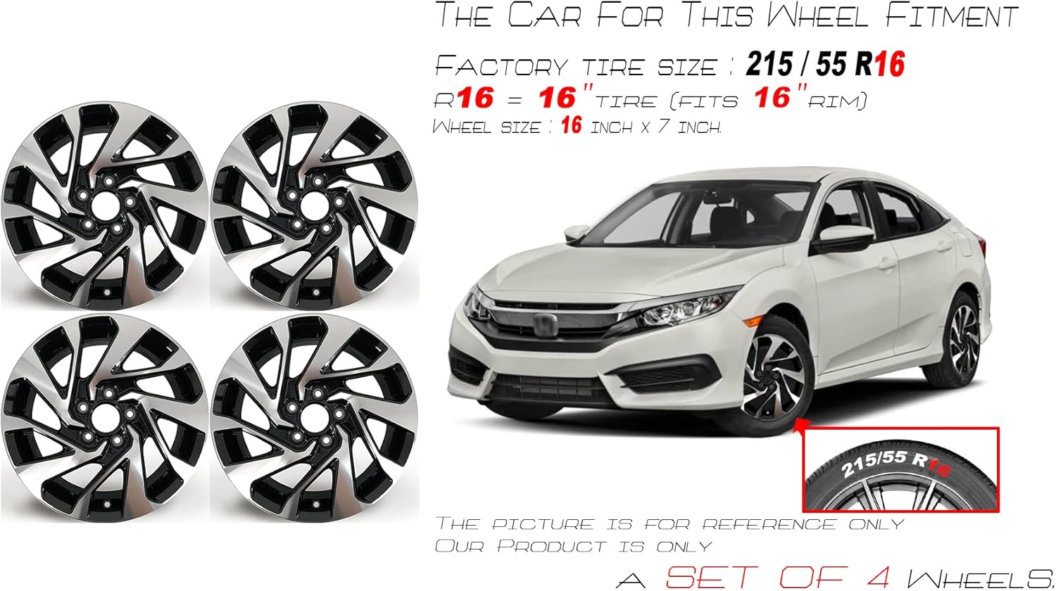 New Set of 16” 16x7 Inch Alloy Wheel for 2016–2021 Honda Civic | OEM Design Replacement Rim | Machined Black Finish | Direct Fit - OE Stock Specs | 64095 64095B