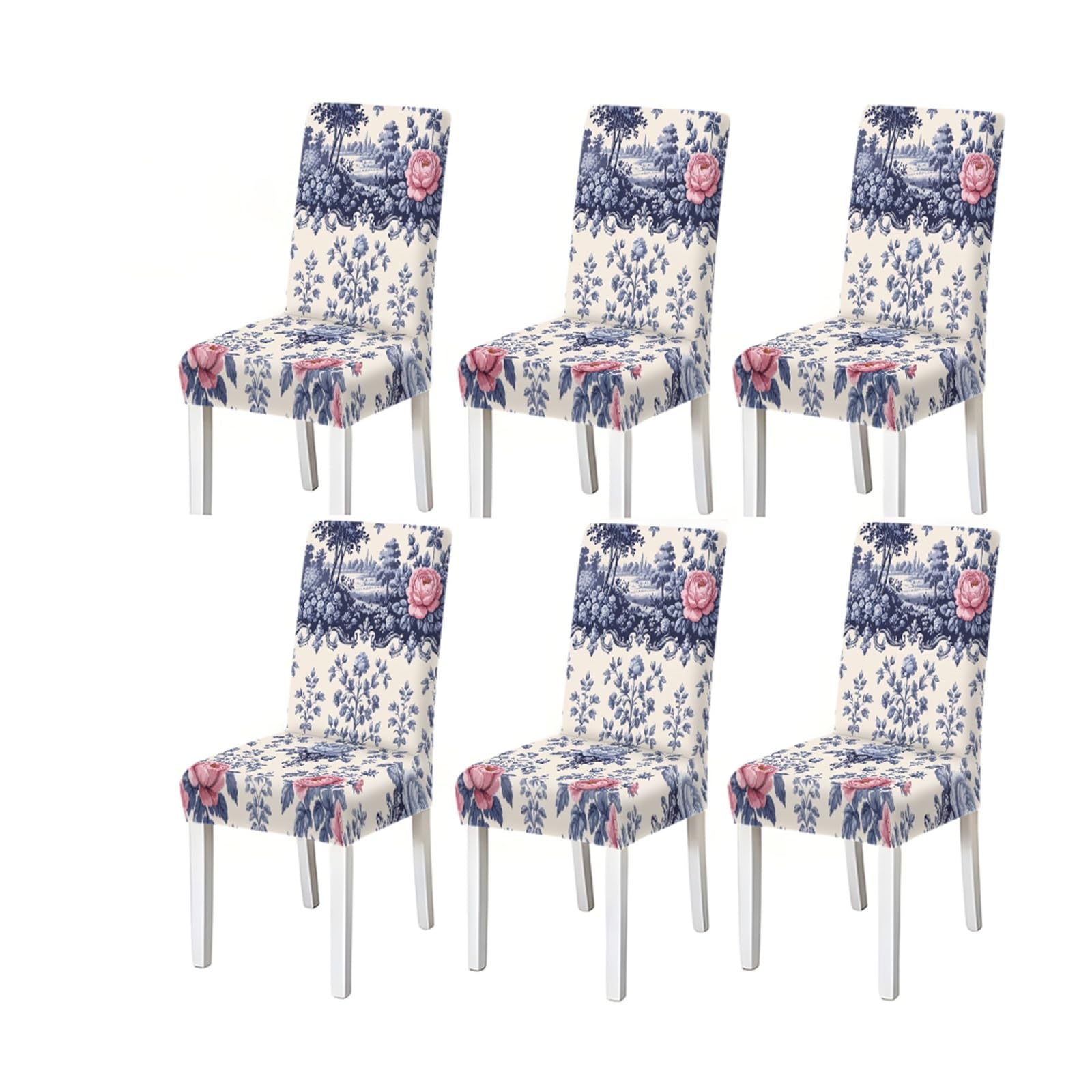 KXUAUV Elegant Blue White Chinoiserie Peony Print Stretch Dining Chair Covers, 2/4/6 PCS For Home Kitchen Party Seat Protectors for Restaurant Hotel Party(6PCSChair cover)