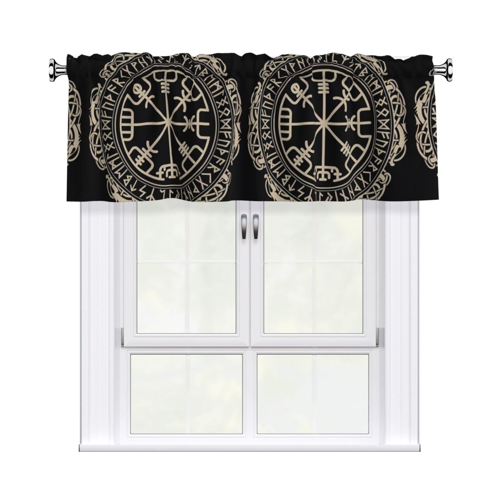 WHJDPP Magical Design Norse Runes Compass Prints Charming Kitchen Window Cover – 54x18 Inch Peach Skin Valance with Decorative Print