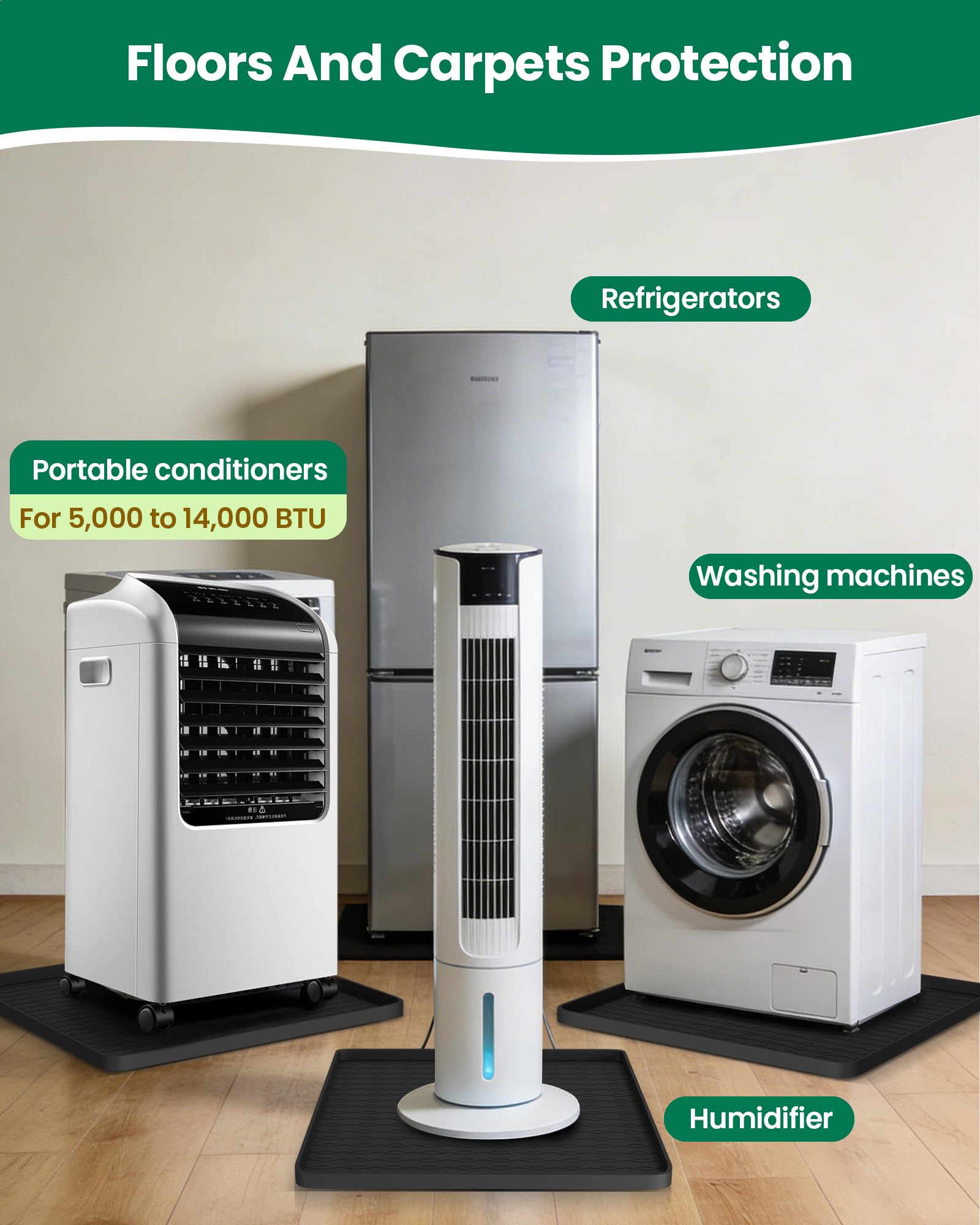 Portable Air Conditioner Silicone Mat: 20''x20''x0.7'' Waterproof Portable AC Drip Pan - Non-Slip Soft Drip Tray with Raised Edge - Ideal for Ice Maker Mini Fridges & Electrical Appliances - Black - 5