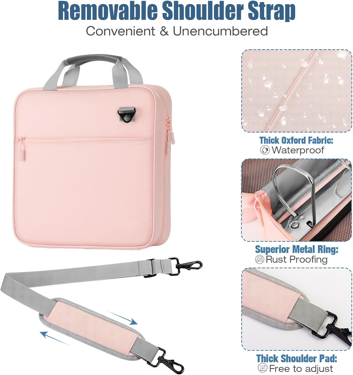Moko Zipper Binder, 3 Inch 3 Ring Binder with Zipper,700 Sheets Capacity Zipper Binder with Shoulder Strap & Handle,Multi-Pocket Zipper Binder Organizer for Middle School, Pink + Gray