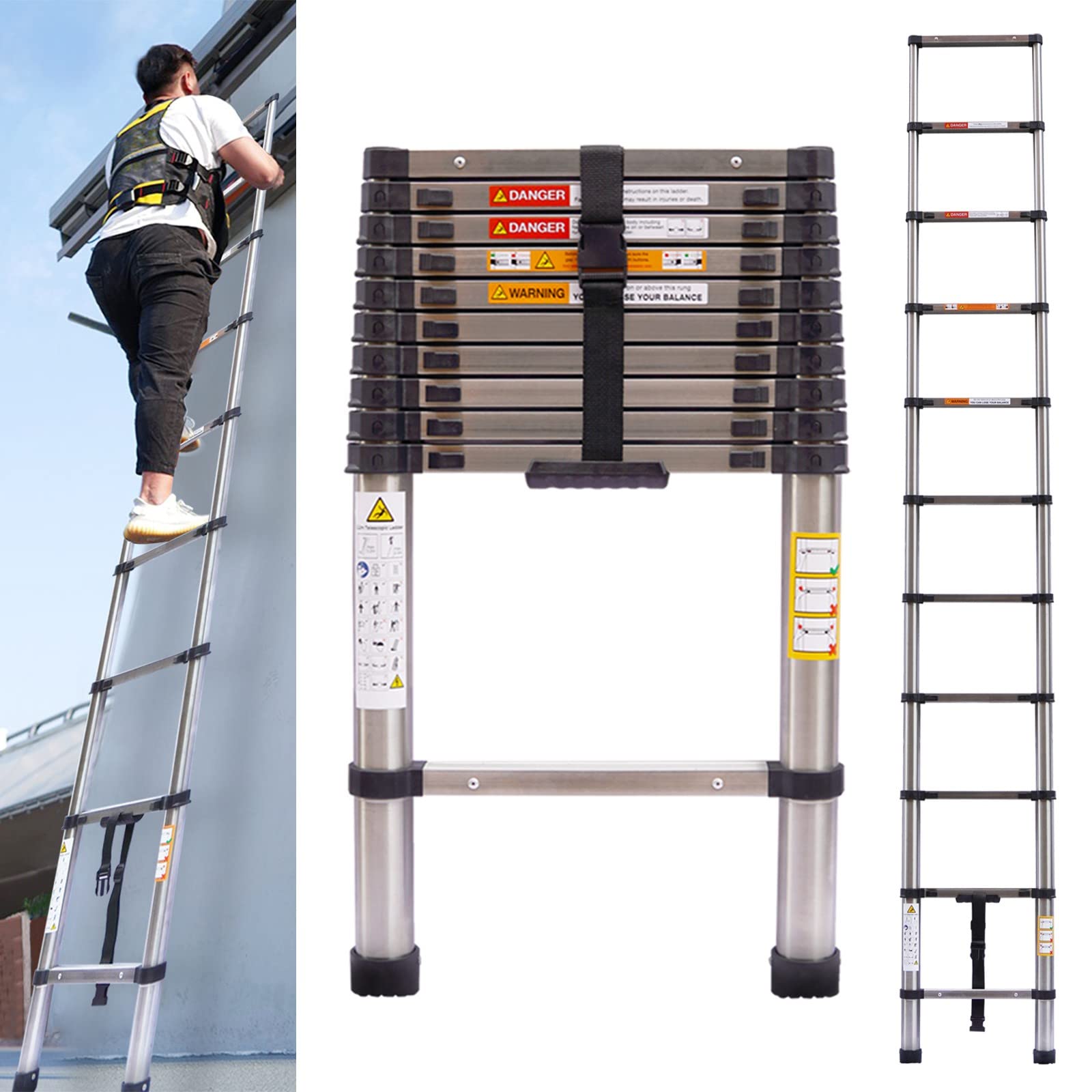 Stainless Steel Telescoping Ladder - 10.5FT Heavy Duty Extension Collapsible Compact Ladder for Home, Roof, RV, Outdoor Use - EN131 Standard - 330lb Max Load