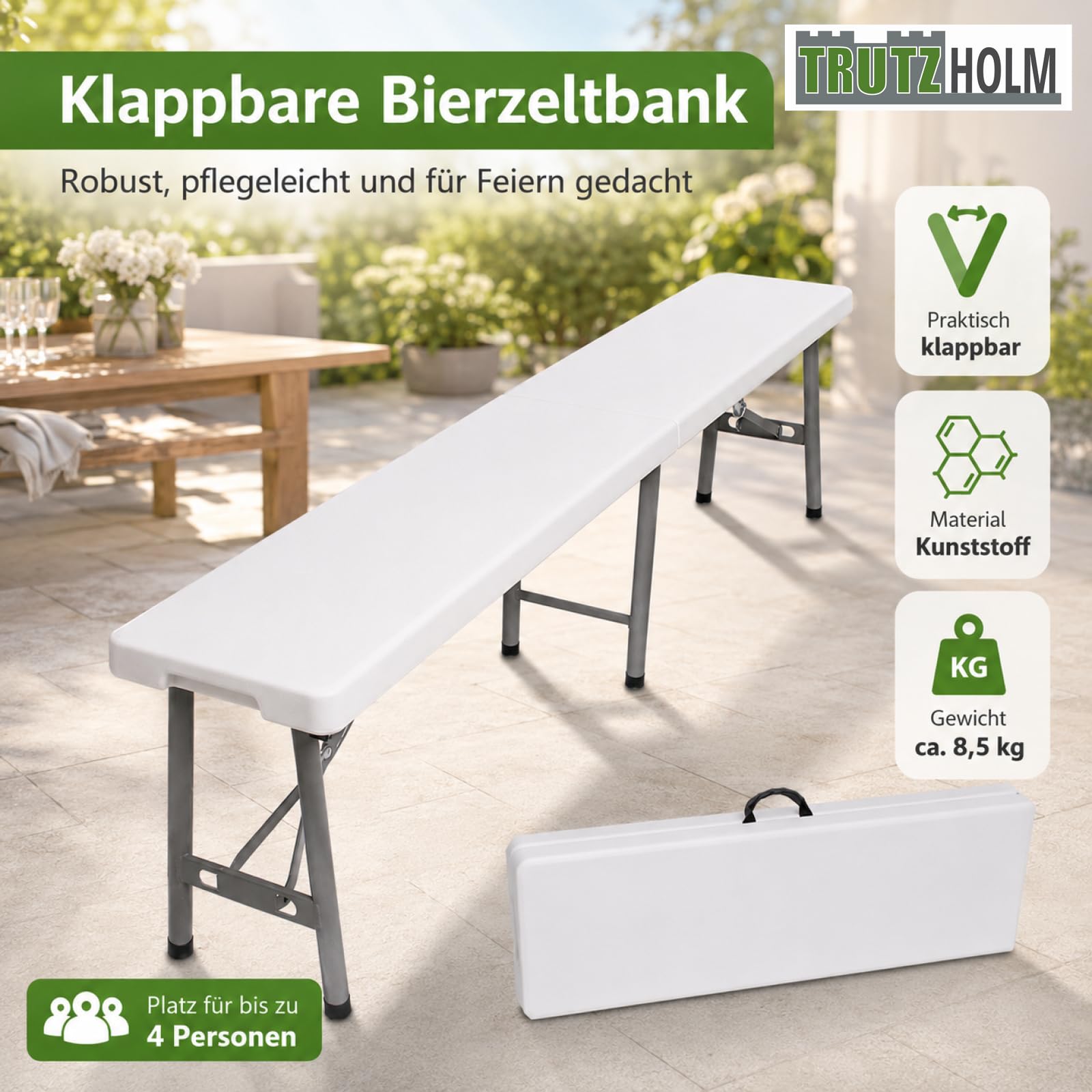 TRUTZHOLM Bierzeltbank 2er Set klappbar 180 cm für je 4 Personen, weiß, Stahlgestell pulverbeschichtet, HDPE-Sitzfläche, mit Tragegriff, witterungsbeständig, für Innen- und Außenbereich