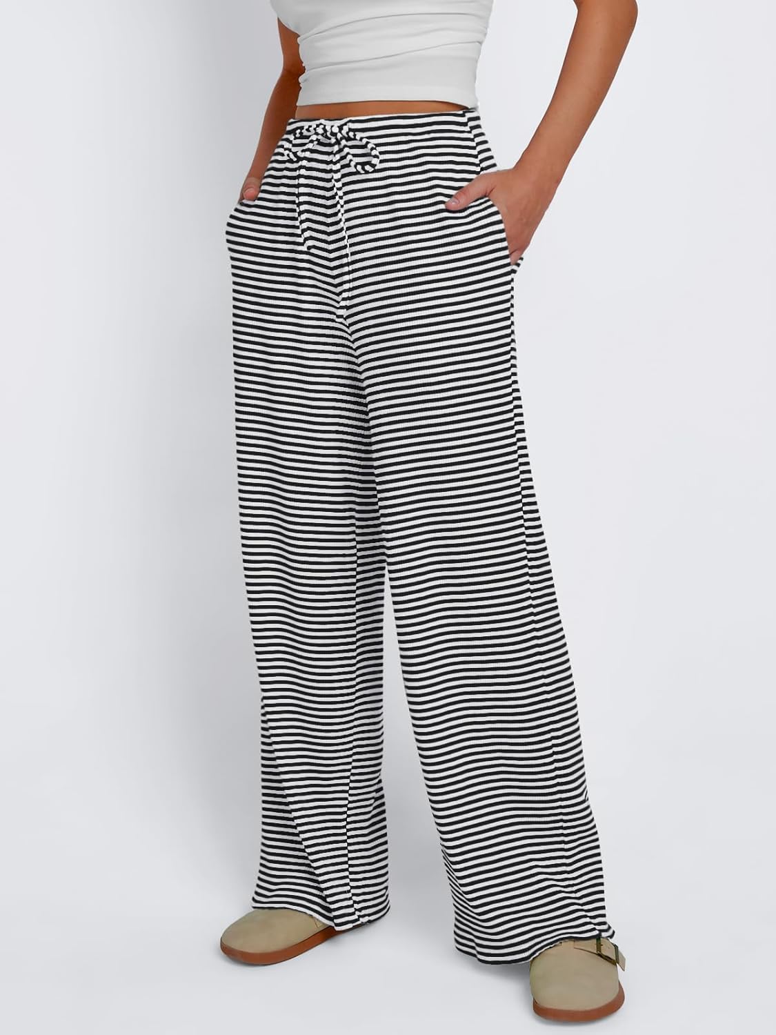 Trendy Queen Womens Striped Ribbed Wide Leg Pants Casual Drawstring Elastic Waist Baggy Sweatpants with Pockets - Image 2