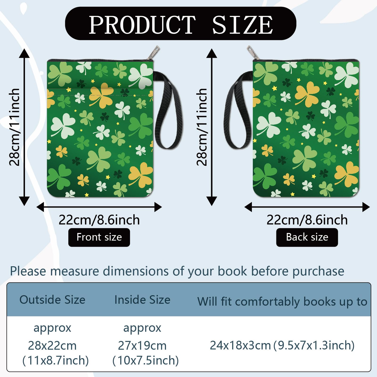 CRASPIRE Trefoil Book Covers Plant Book Protector Green Book Sleeve for Paperbacks Washable Fabric Cloth Book Cover with Zipper and Extra Sleeve Pocket for Book Lovers Classmate Gifts - Image 2