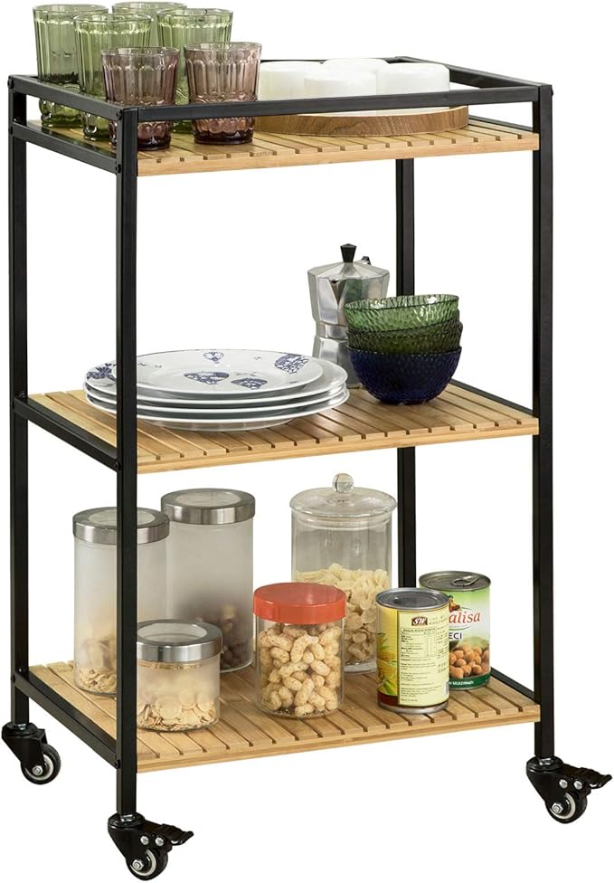 SoBuy® FKW65N, 3 Tiers Metal Bamboo Serving Trolley Kitchen Trolley