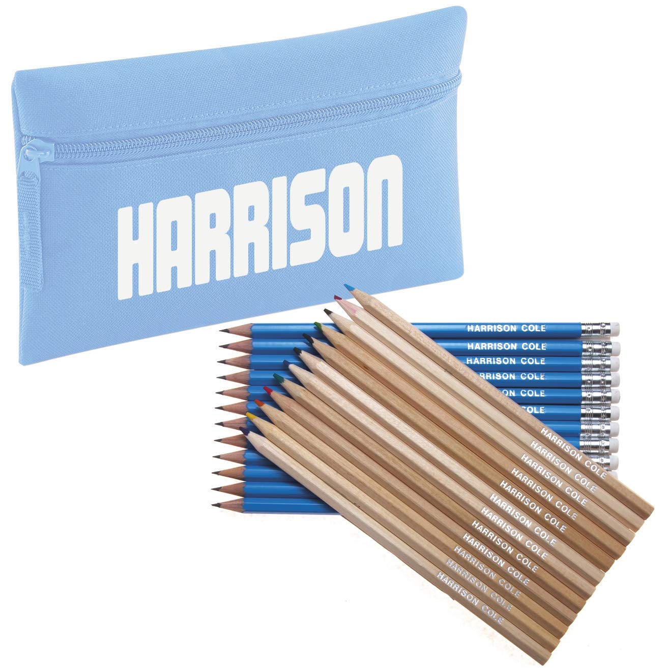 That's My Pencil - Zip Pencil Case with name with 12 embossed Colouring and 12 embossed HB eraser tipped pencils printed with name UK made (Sky Case & Pencils)
