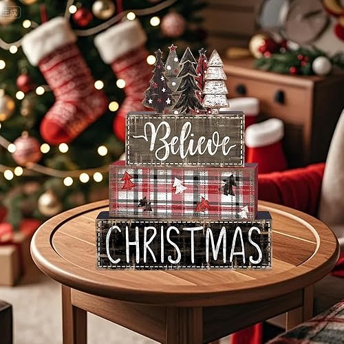 Miniatura 7 de DIYDEC 4 piezas de decoración de mesa de Navidad para árbol de Navidad, letrero de bloque de madera, bandeja escalonada, decoración de centro de