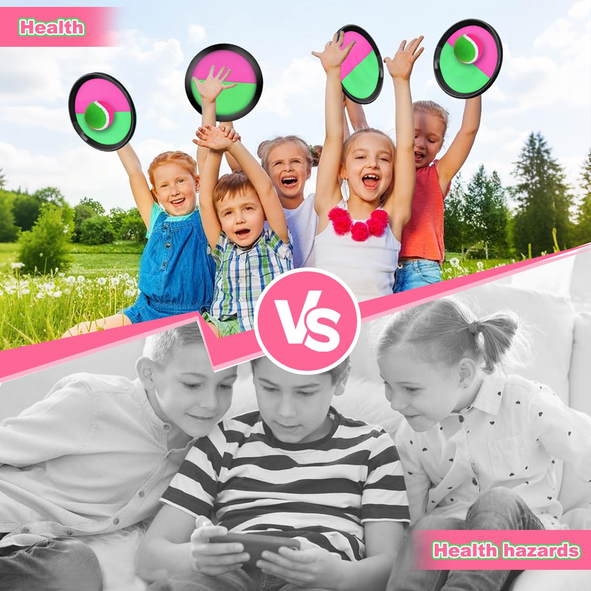 Balle Raquette Scratch Jeux, Jeu de Balle à Attraper Raquette avec 4 Raquettes + 4 Balles, Lancer Catch Ball Jouet Enfants, Jeu de Pagaies et de Lancer pour Jardin Cour Piscine Plage (2 paires)