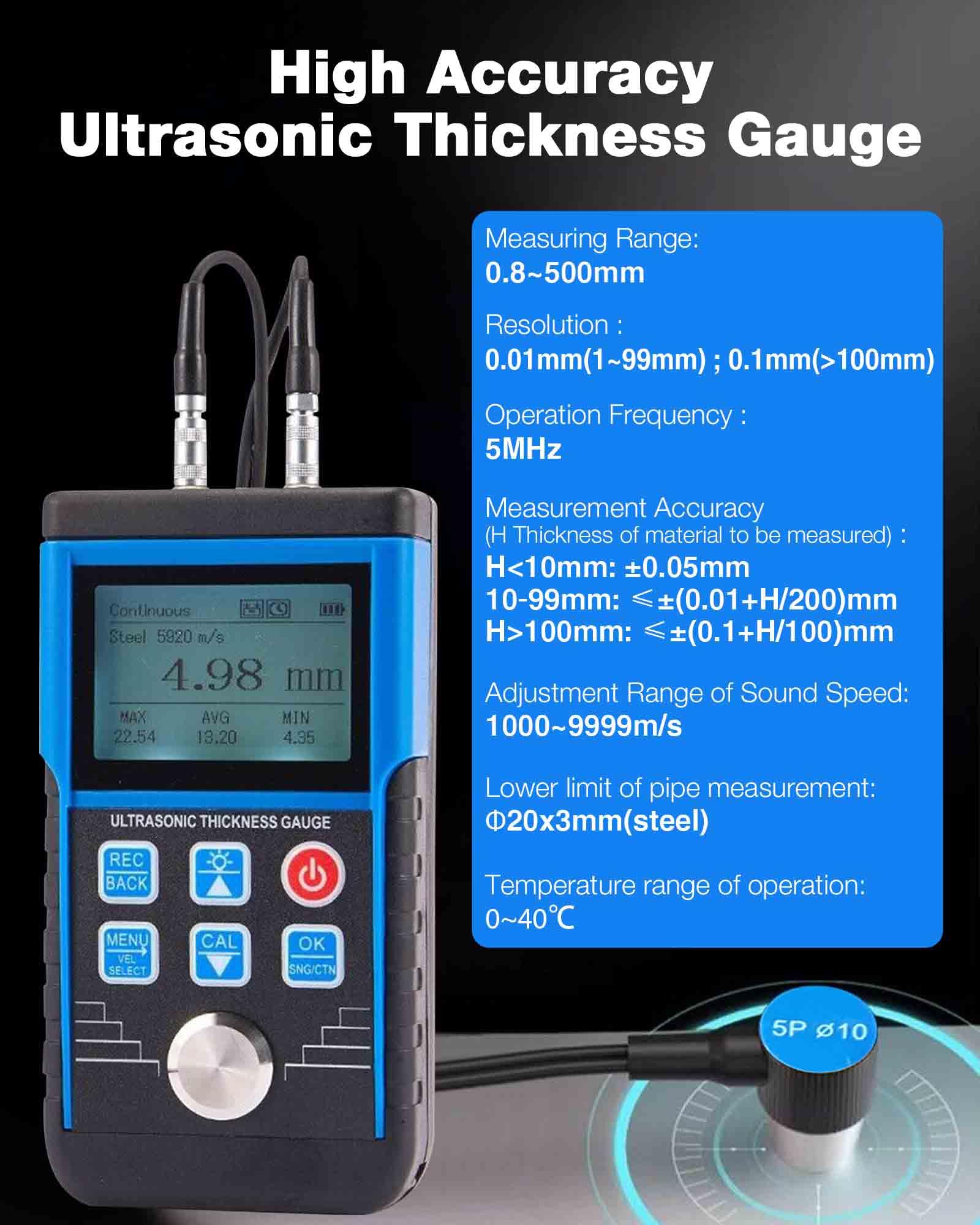 Ultraschall-Dickenmessgerät 0,8–500 mm, hohe Genauigkeit ±0,05 mm, Dickenmessgerät mit 5-MHz-Sonde (φ10 mm), Auflösung 0,01 mm, MAX/AVG/MIN-Modi für Stahl/Nylon/Keramik bei der Rohrleitungsinspektion
