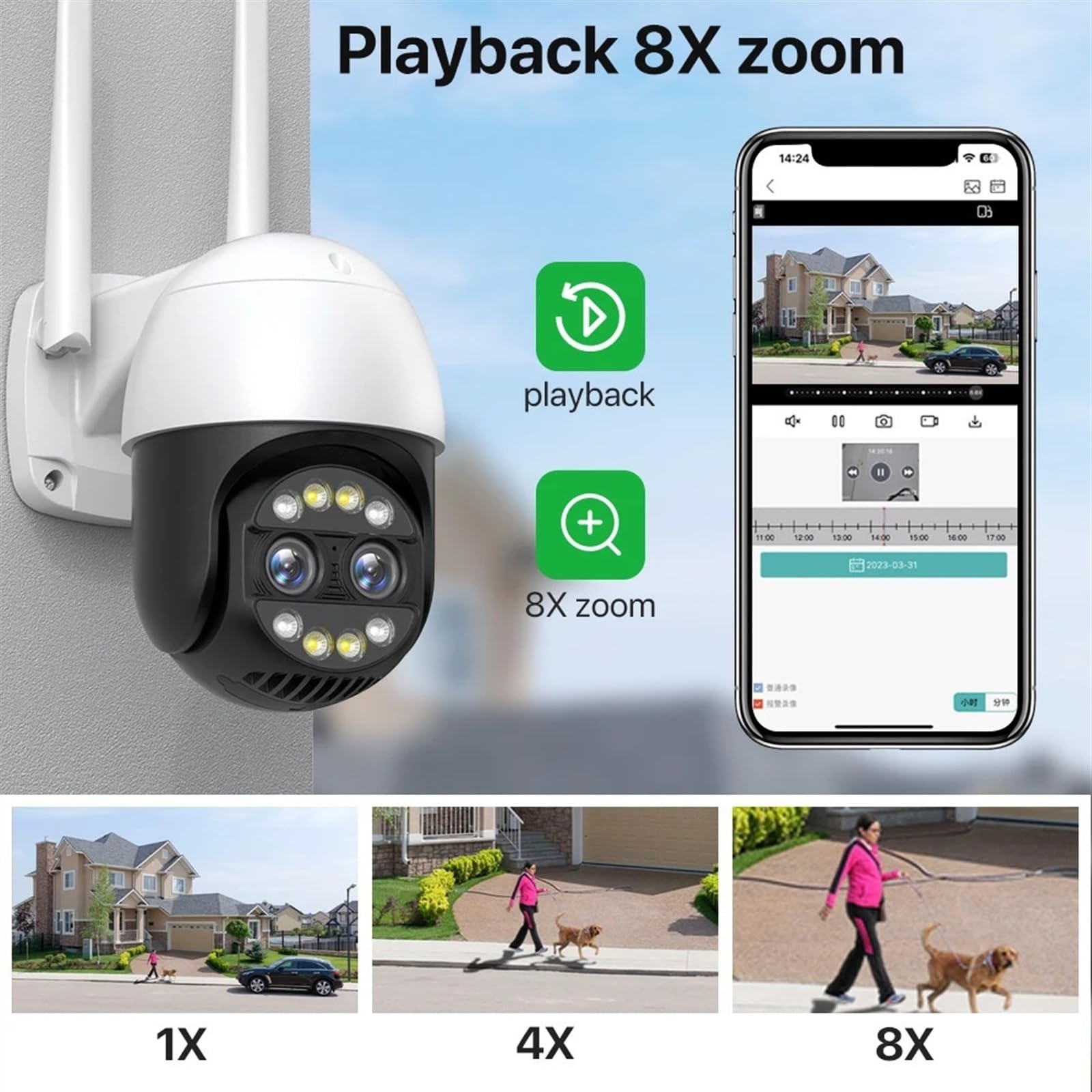 Kamery Monitoringu, Kamera IP 8 MP 4K PTZ 8x Zoom hybrydowy 2,8 + 12 mm Kamera Wi-Fi z dwoma obiektywami Automatyczne śledzenie 4 MP Audio Bezpieczeństwo Nadzór wideo(4MP NO Card)