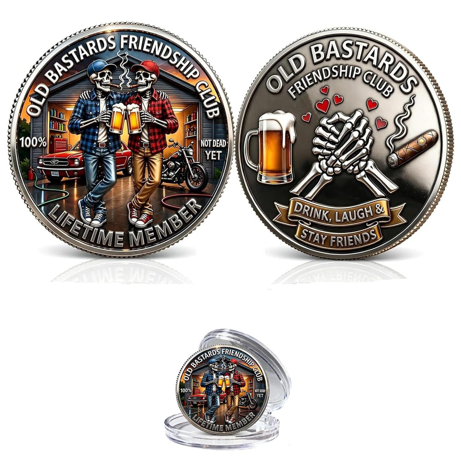 Old Friends Forever Club Coin, Old Bastards Friendship Club Challenge Coin, Skeleton Beer Brotherhood Coins, 3D Funny Friendship Keepsake Challenge Coin Gift for Friends & Motorcycle Riders(C 3PCS) — image 1