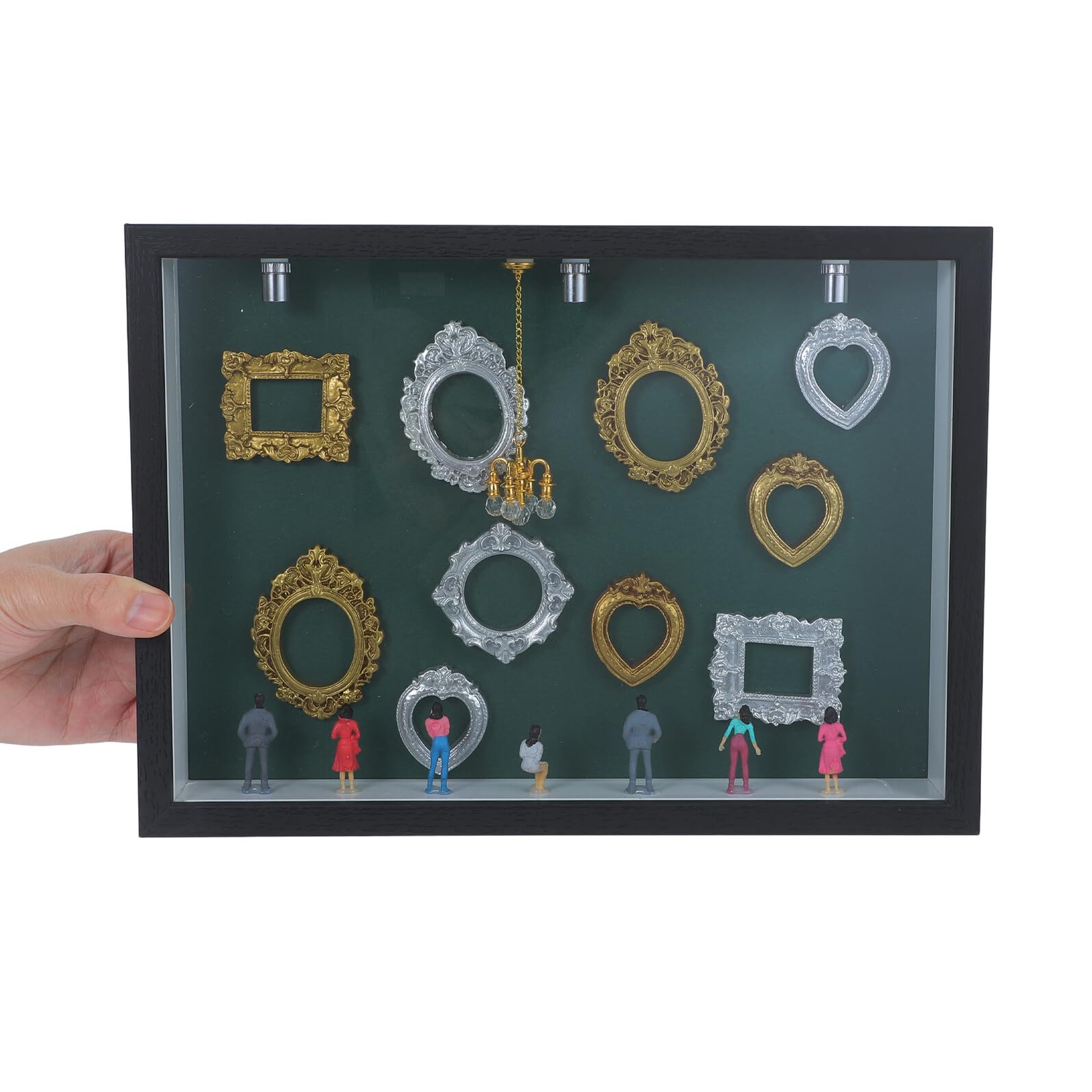 DIY Miniature Wooden Shadow Box Picture Frame with Transparent Panel And LED Light Mini Frames Display Case for Toy Figurine Collection And Tiny Museum Decor with Base