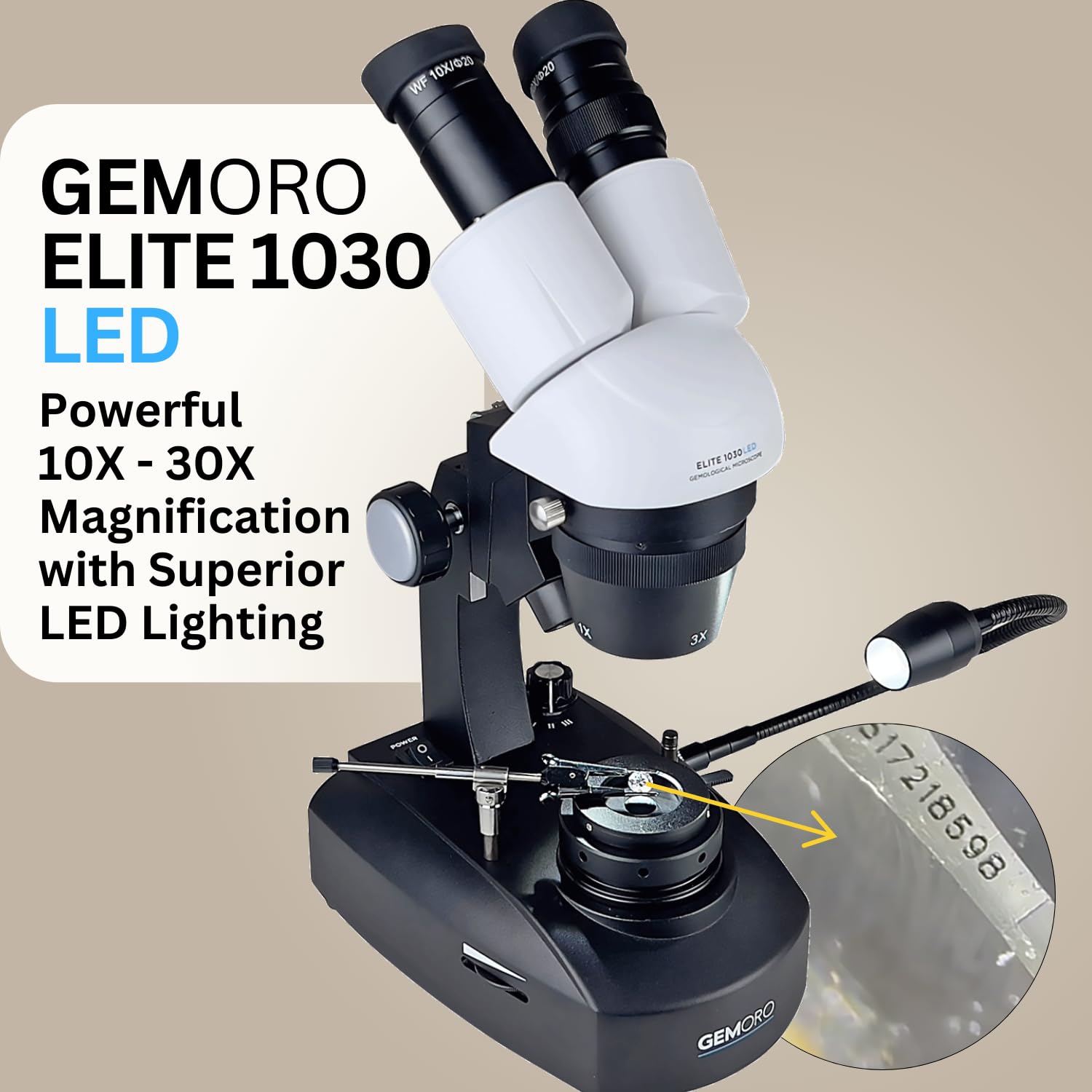 GemOro Elite 1030 LED-Mikroskop, professionelle hochpräzise Schmuck-, Edelstein- und Uhren-Reparatur-Inspektion mit verstellbarem Zoom und LED-Beleuchtung, 10-fache bis 30-fache Vergrößerung, tragbar