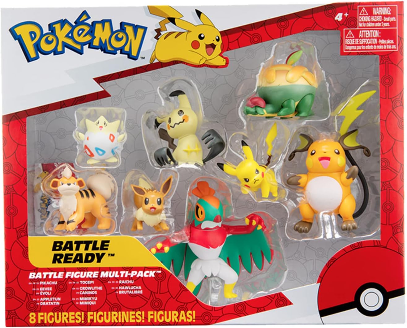 Bandai Pokémon 8 Battle Figures - Pikachu, Eevee (Eevee), Dratatin (Appletun), Togepi, Caninos (Growlithe), Mimiqui (Mimikyu), Raichu and Brutalibré (Hawlucha) - JW2687
