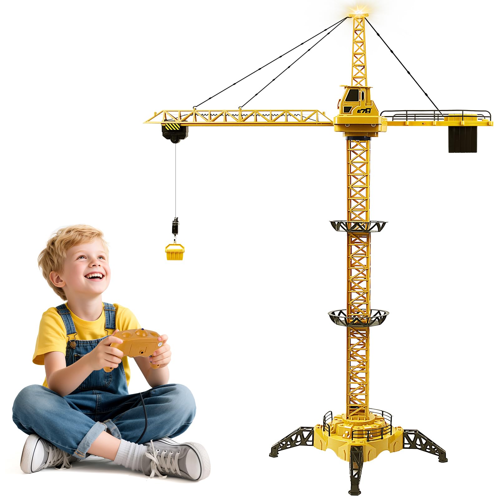 Charmofun Ferngesteuerte Turmkran, 128 cm hohe 2,4 Hz Turmdrehkran, 6 Kanäle Tower Crane Elektrisch, RC Baukran mit Hebehaken, Turmdrehkran Kanäle Lichtern für Kinder (Ferngesteuerte Turmkran)