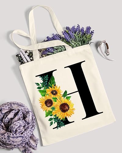 Miniatura 8 de AUSVKAI Bolsa Tote de Lona Estética para Mujeres, Lindo Girasol Trendy Personalizado Inicial Monograma Cumpleaños Bolsas de Algodón Reutilizables