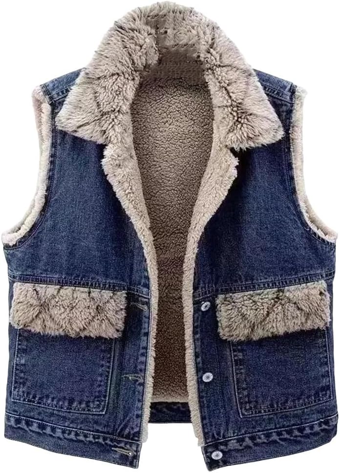 Women's Fleece Lined Denim Vest - Lamb Fur Lined Sleeveless Shoulder Pad Winter Outerwear