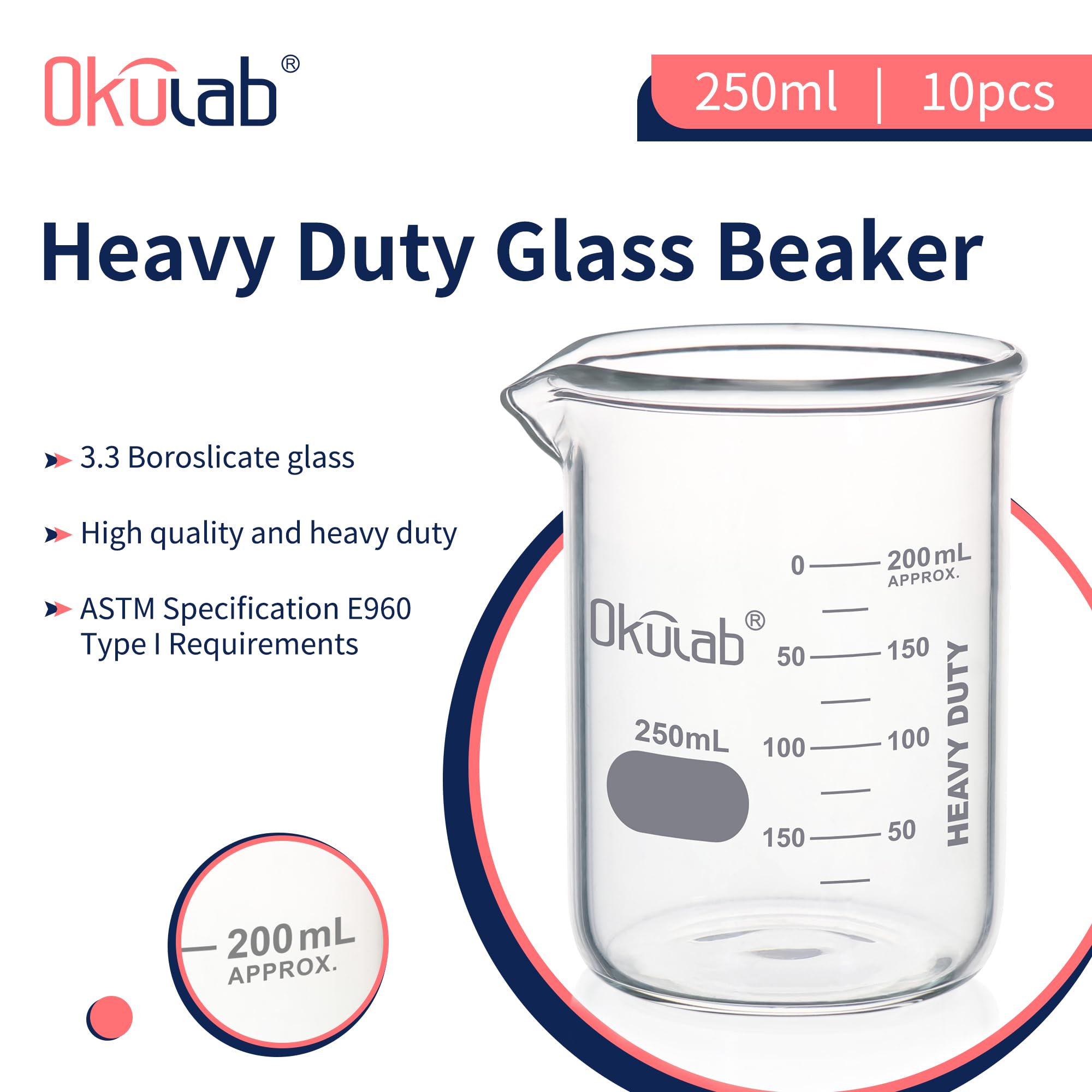 Juego de vasos de vidrio resistente, vasos de vidrio de borosilicato de pared gruesa 3.3, con graduación impresa a doble escala, 10 piezas de vol.250 ml, HBKG250B10