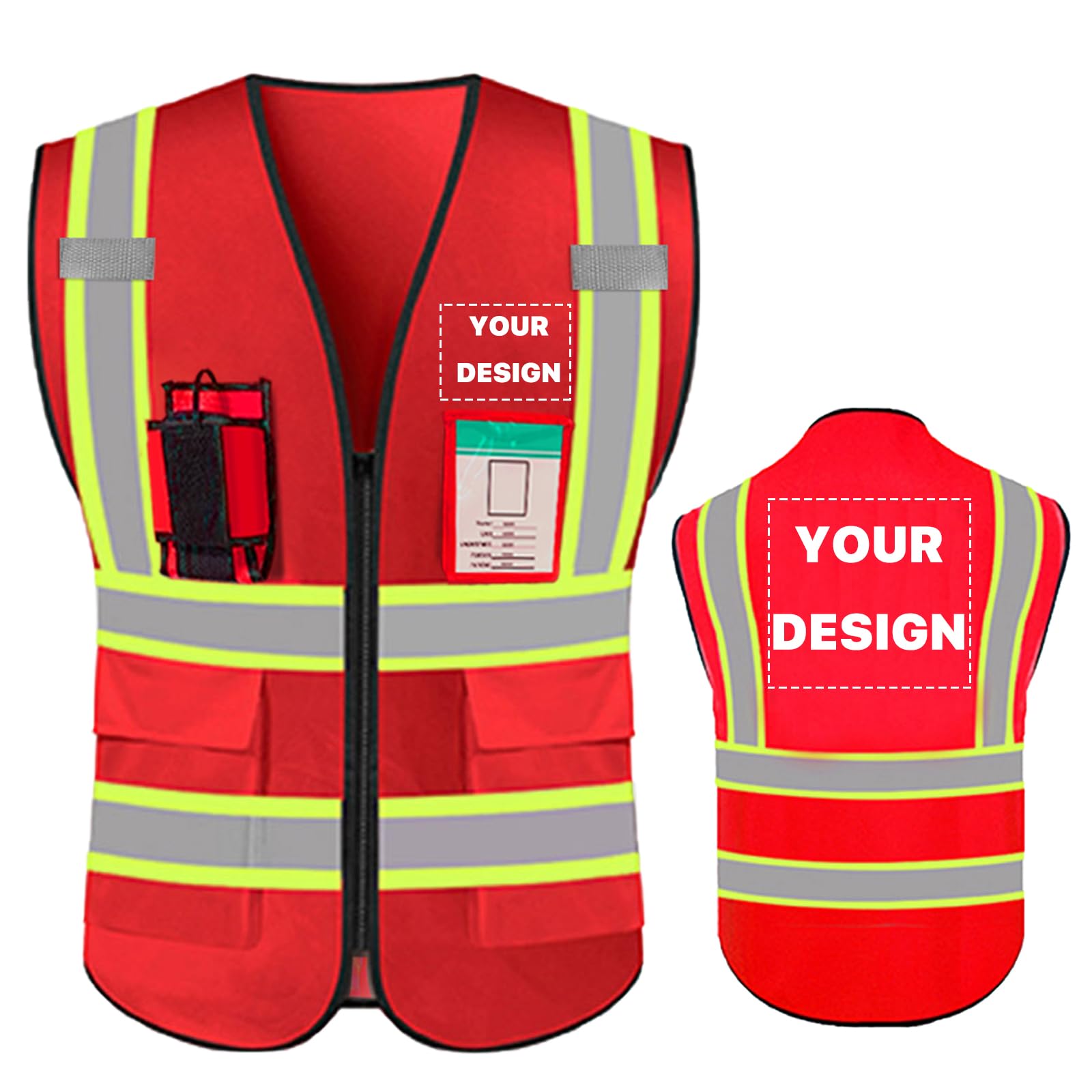 YOWESHOP High Visibility Reflective Safety Vest with Pockets Custom Your Logo Safety Workwear, Red 2XL