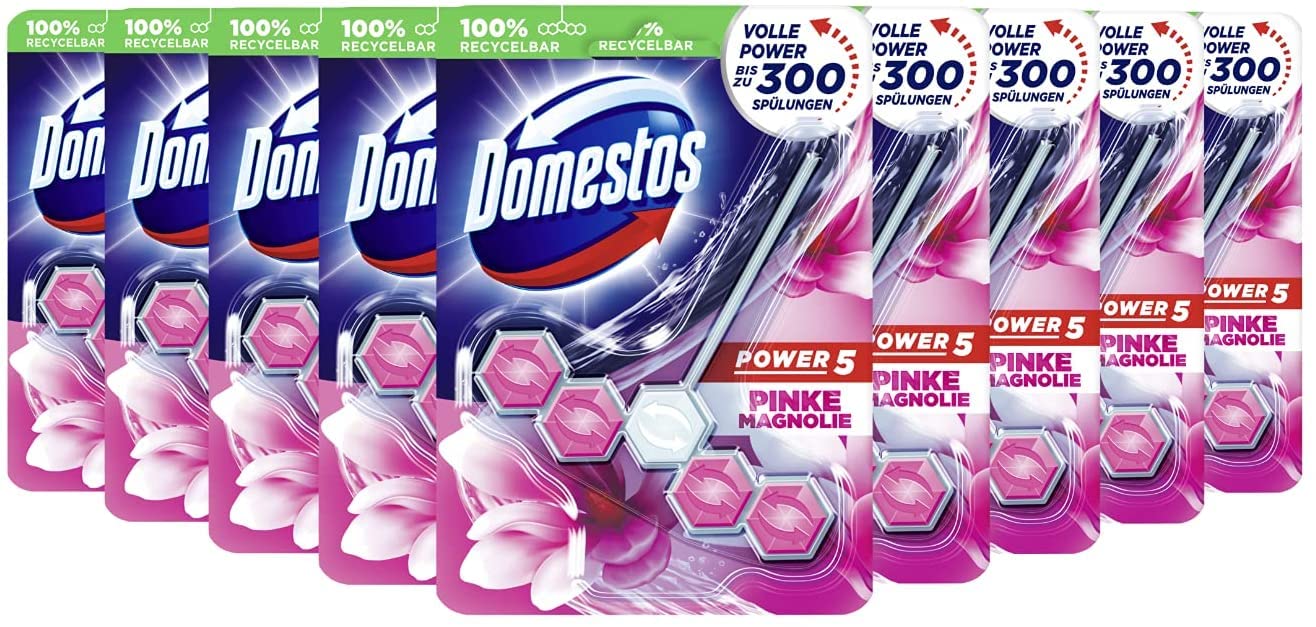 Domestos Power 5 Toilet Stone Pink Magnolia Toilet Cleaner Full Power Up To 300 Flushes 9 x 55 g 495 g New, improved formula
