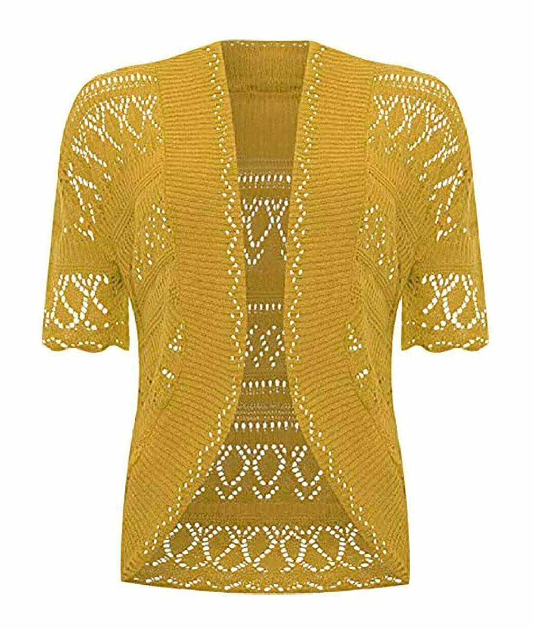 Fashion Fairies Women's Mustard Crochet Bolero Shrug#( Short Sleeves Crochet Bolero Knitted Shrug#Uk 12-14#)