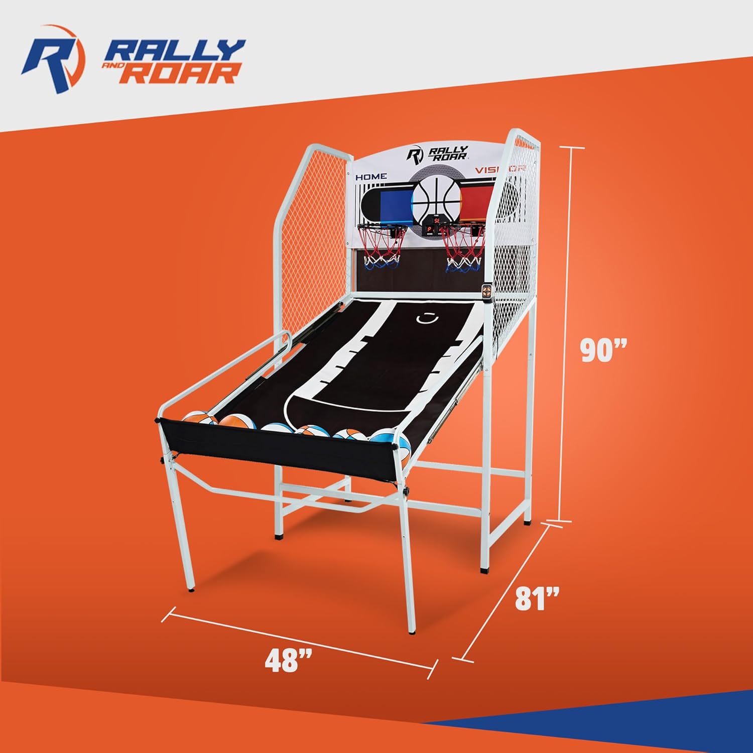 Rally and Roar Arcade Cage Basketball Game, Foldable Indoor Outdoor Sports Machine for 2 Players with Steel Hoops, LED Scorer, and 6 Balls, Multicolor