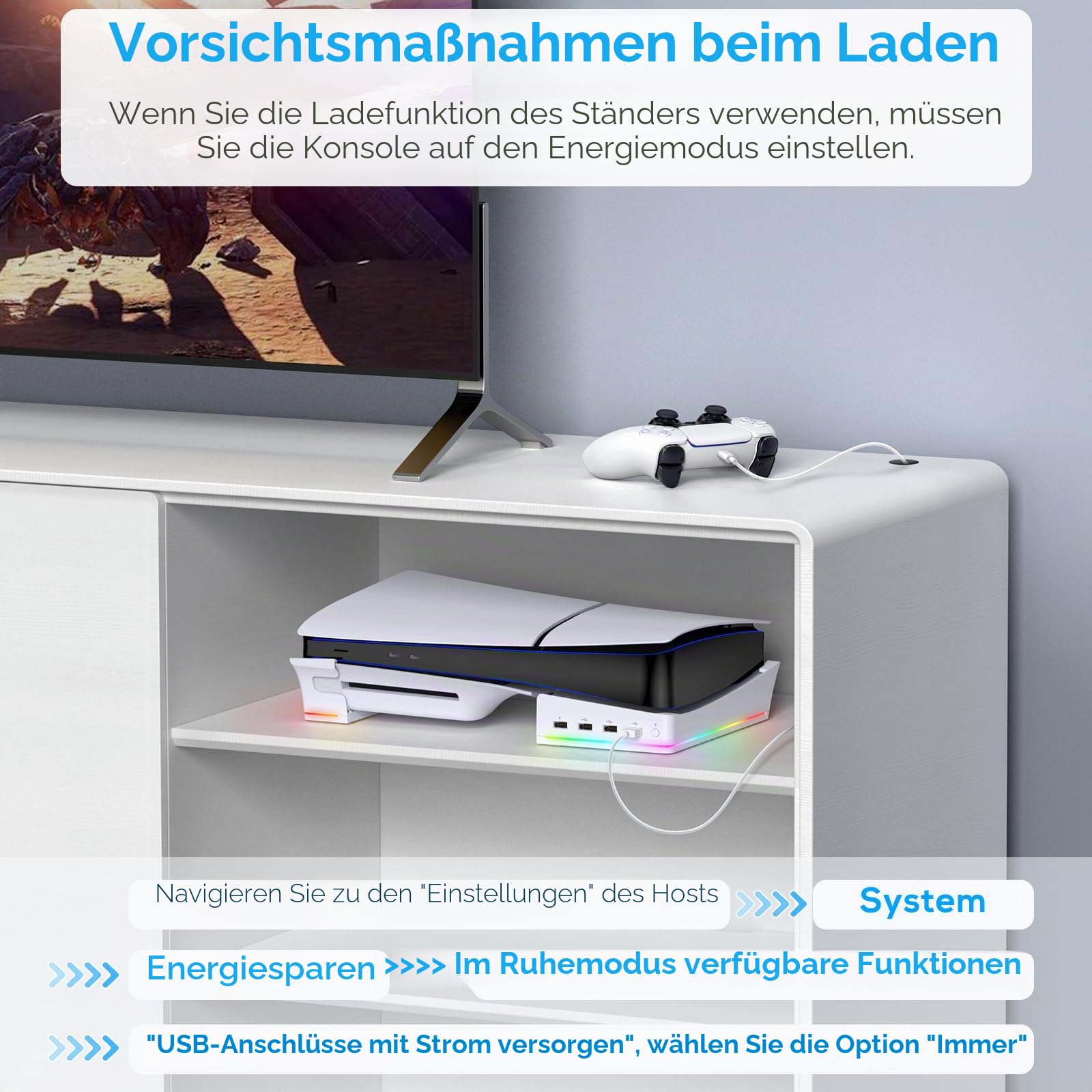 FYOUNG Horizontaler Standfuß für PS5 Pro/PS5 Slim Konsole, rutschfestes Basisständer Zubehör mit 4-Port USB zum Laden/Daten und 14 RGB Leuchten für PlayStation 5 Slim & für PlayStation 5 Pro