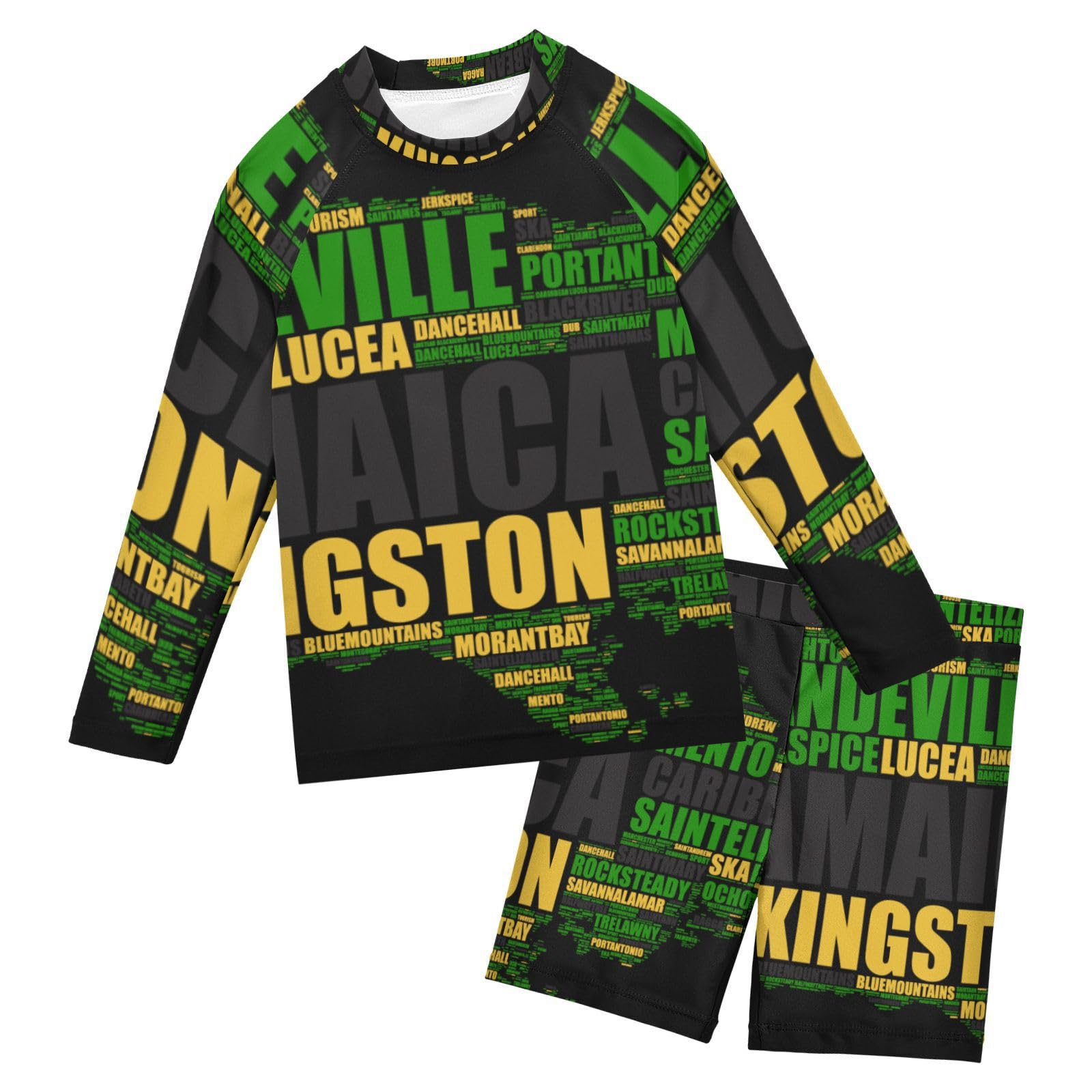 Aflyko Patriot Boys 2-Piece Swimwear Jamaica Flag Map Rashguard Set Swim Trunks with Shirt Soft Fabric Board Shorts Comfy for Everyday Swimmer, 5-6T Multicoloured