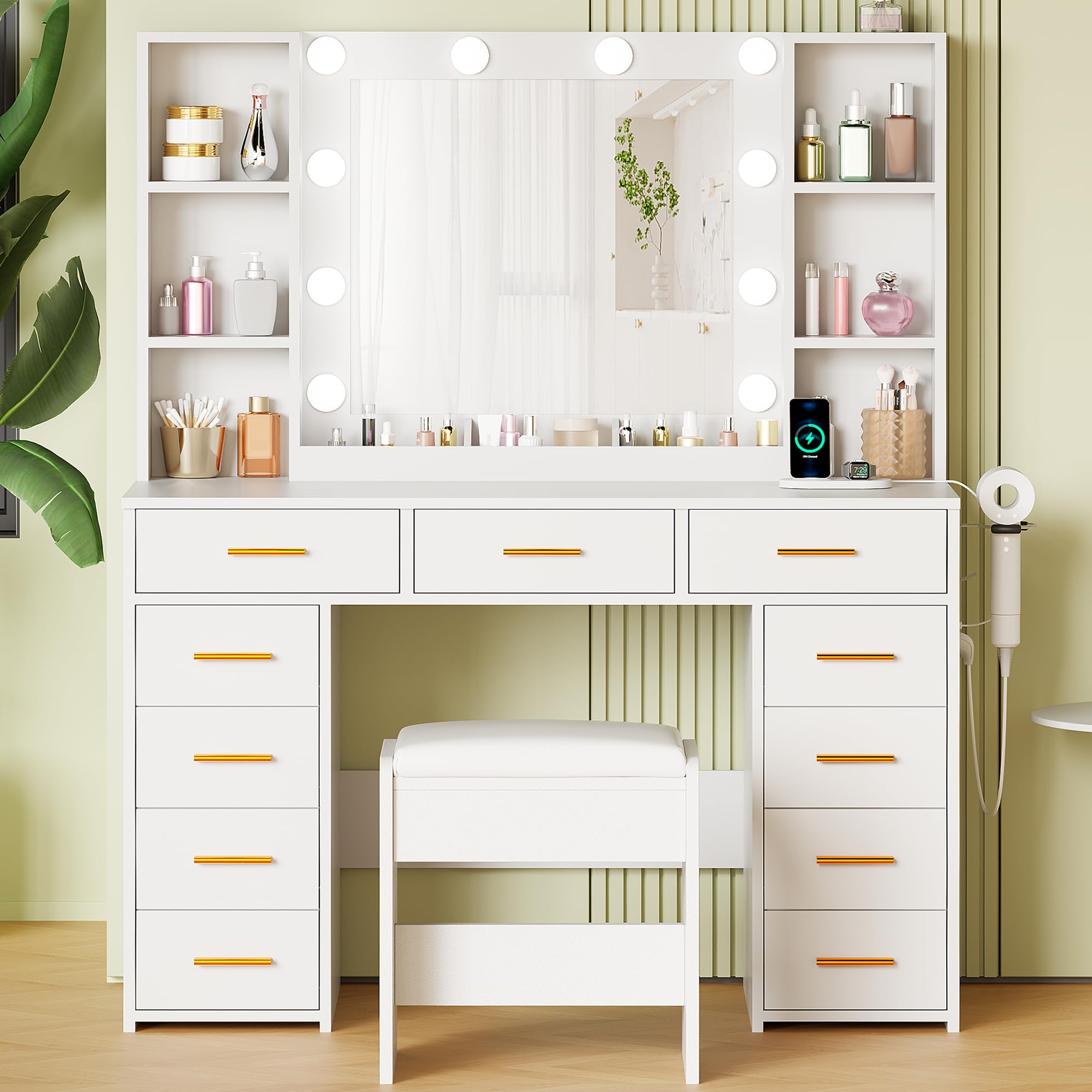 ANWBROAD Tocador de Maquillaje Grande con Luz LED y Enchufes 140x110x40cm BDT86W