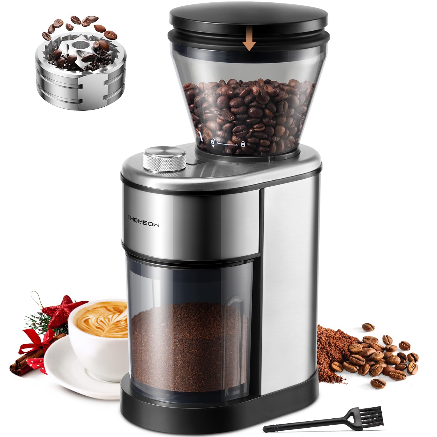 Conical Burr Coffee Grinder, Stainless Steel Coffee Grinder Electric with 15 Precise Grind Settings for Espresso/Pour Over/Moka Pot/French Press/Cold Brew, Compact Design