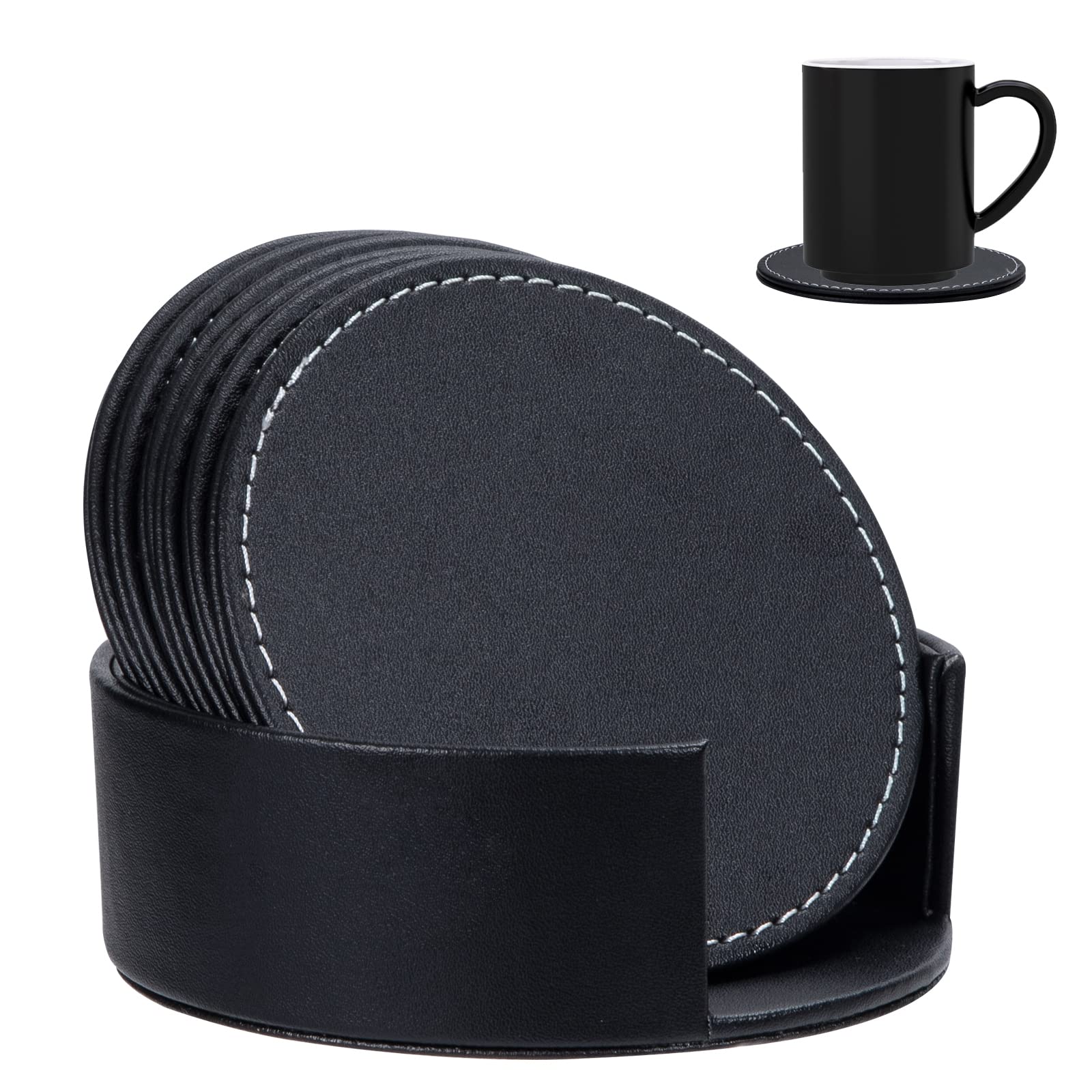 Set 6 Sottobicchieri Rotondi In Pelle PU Con Supporto – Diametro 10 Cm, Colore Nero, Per Tazze E Bicchieri