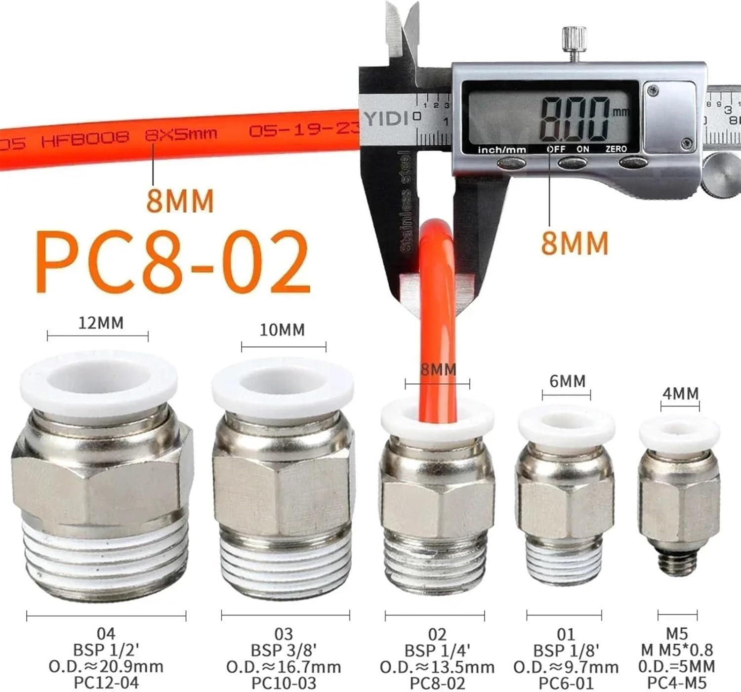 5 PC Pneumatic Air Pipe Hose 4 4mm 6mm 8mm 10mm 12mm to Male Adapter Brass Fitting Quick BSPT R 1/8 1/4 3/8 1/2 01 02 03 04(8 (Hose O.D.8MM),02 (BSP1-4))