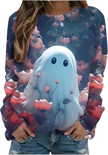Tuianres Womens Casual Halloween Spooky T-Shirt Round Neck Long Sleeve Tops Fall Funny Graphic Tee Cute Vacation Shirt