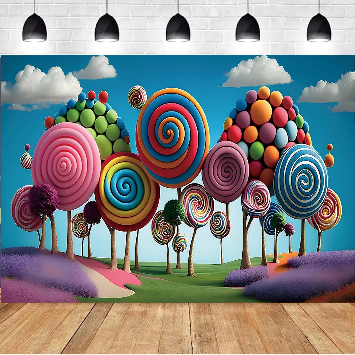 3D Candyland Birthday Background Cartoon Candy Lollipop Colorful Mountain Fantasy Wonderland Sweet Cute for Kids Girls 1st One Birthday Background