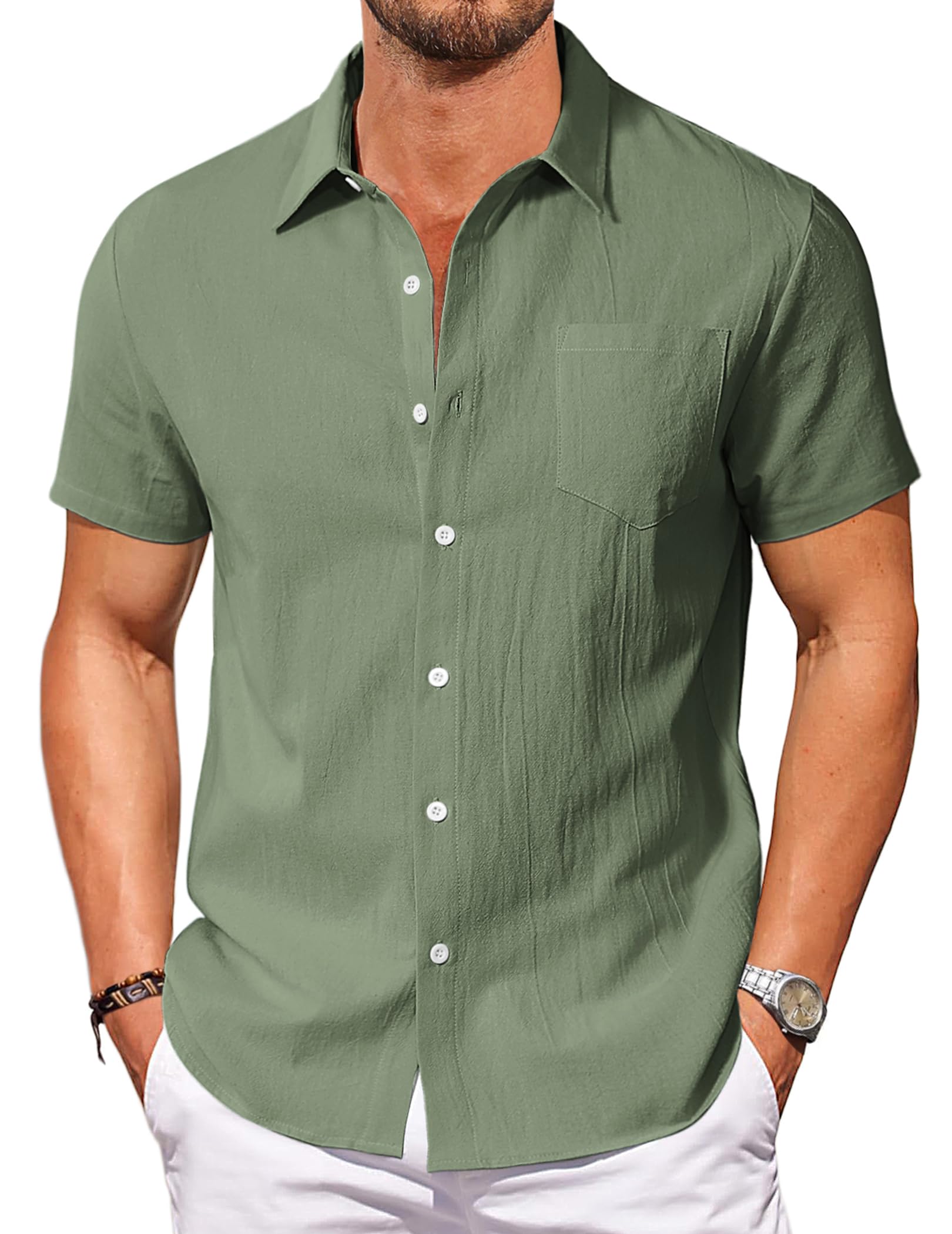 Vssjavun Mens Short Sleeve Button Down Shirts Casual Cotton Shirt Summer Beach Tops with Pocket