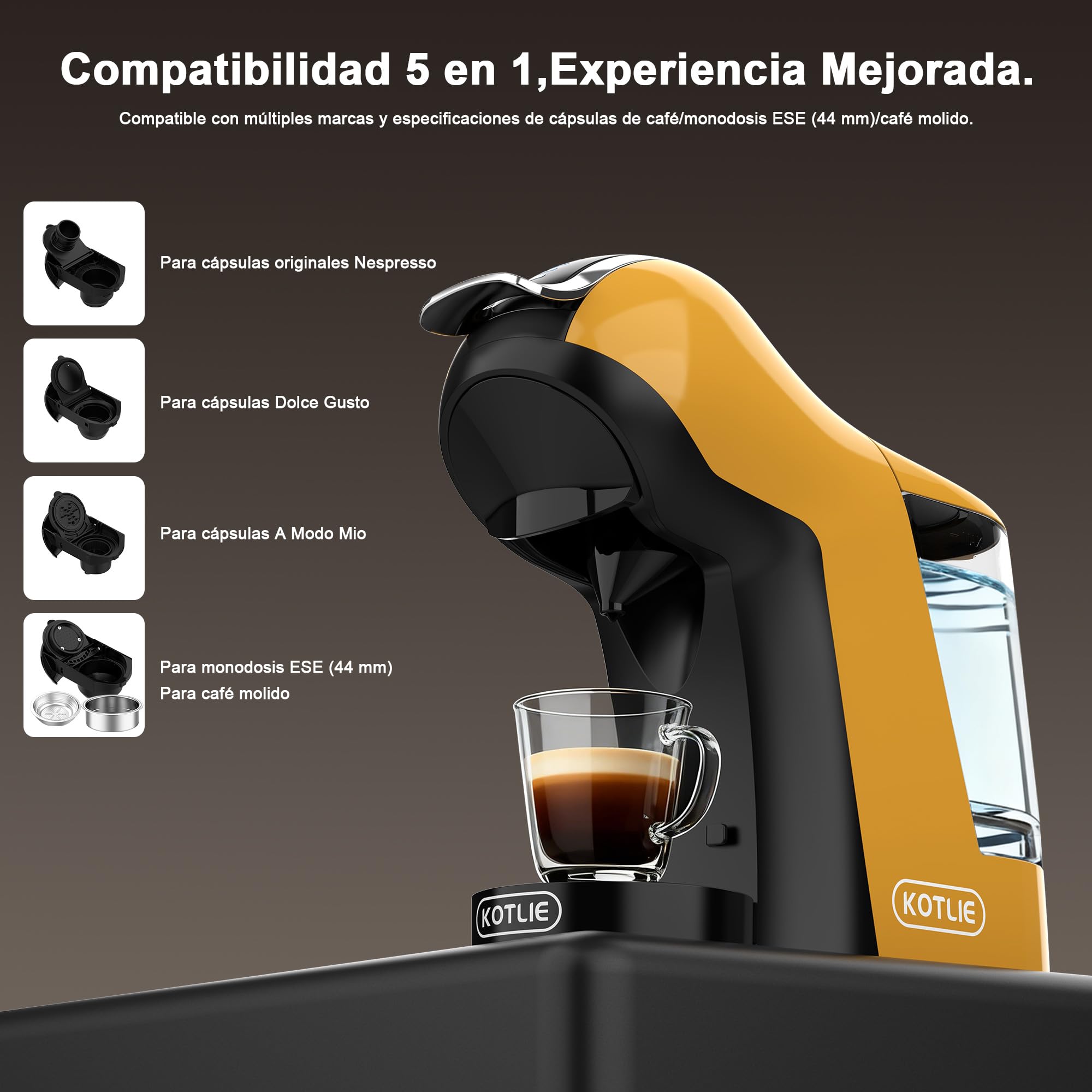 Upgrade Máquina de Cápsulas Café Espresso 5 en 1 19 Bar para Nespresso/Dolce Gusto/LAVAZZA MIO/LOR y Café Molido/ESE, Cafeteras Automáticas Pequeñas con Cápsulas, EM-308B (Amarillo)