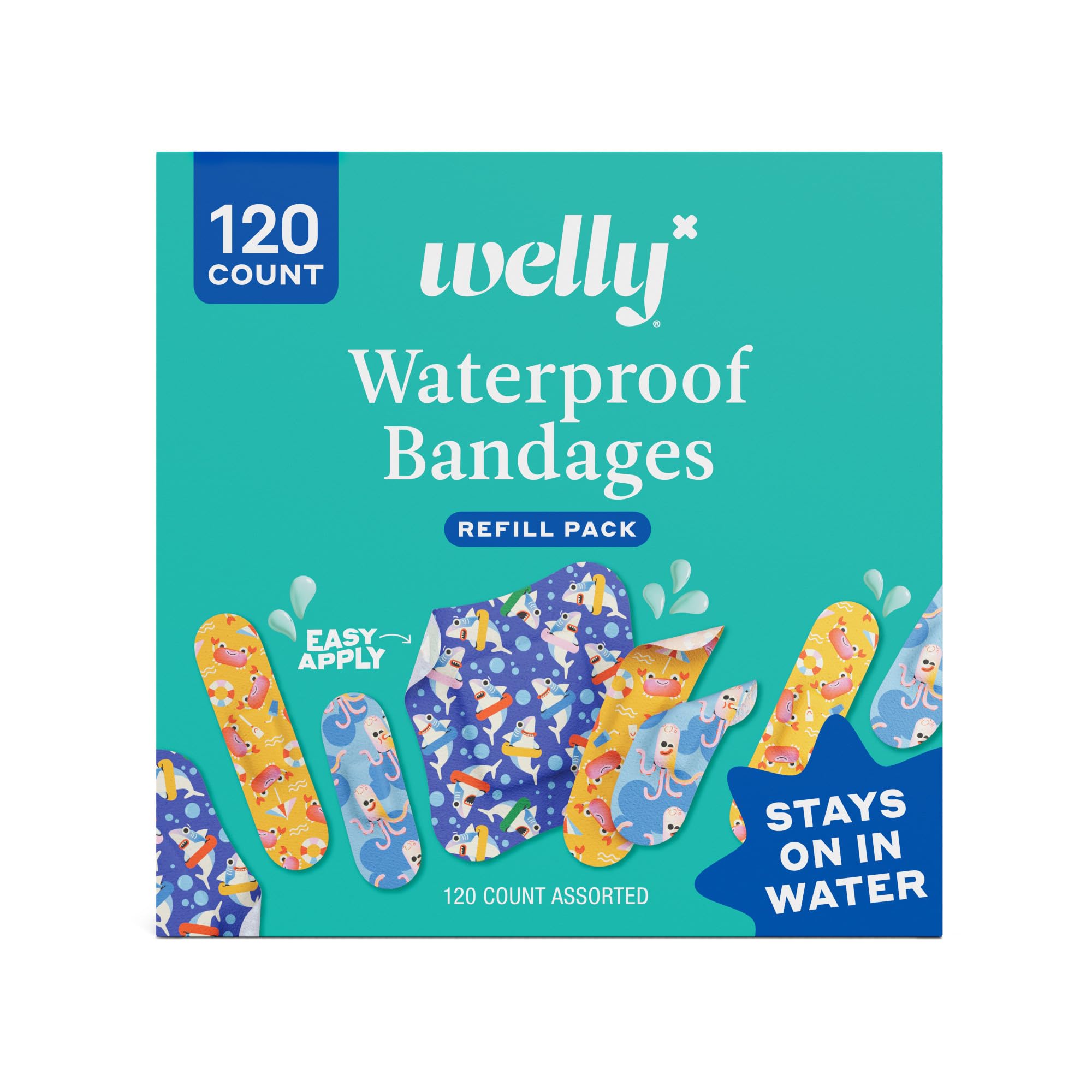 Photo 1 of **MISSING A BUNCH** Welly Bandage Ocean Friends Refill Pack | Splashflex Adhesive Flexible Waterproof Bandages | Assorted Shapes and Patterns for Minor Cuts, Scrapes, and Wounds - 120 Count