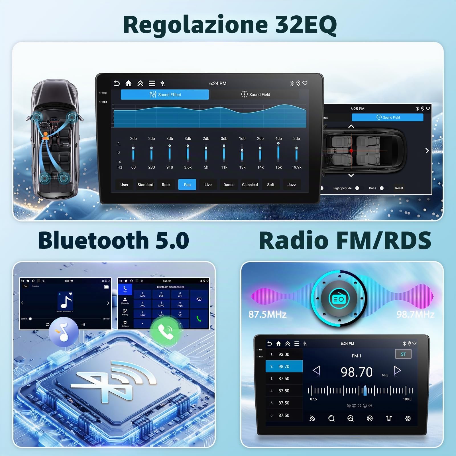 2 Din 4G+64G Autoradio 10'' 1280P Stereo Radio con Sistema Android 15, A-pple Carplay Android Auto GPS Bluetooth 5.0 WiFi FM/RDS 2USB supporto DAB+ OBD2